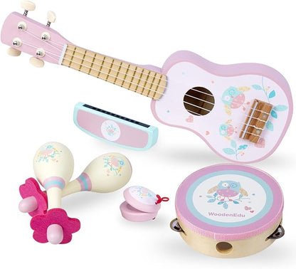 Kids Guitar for Girls, Wooden Musical Instruments Toys with Ukulele, Tambourine, Maracas, Harmonica, Mini Band Sets for Toddlers 2 3 Years Old Birthday Gift (Pink for Girls)
