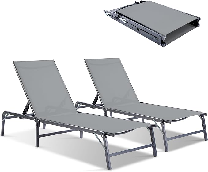 Outdoor Chaise Lounge Chair Set of 2, Foldable & Assemble-Free, 6 Adjustable Positions, Durable Rust-Resistant Frame, Portable Outdoor Pool Lounge Chairs for Pool Patio Beach, Grey