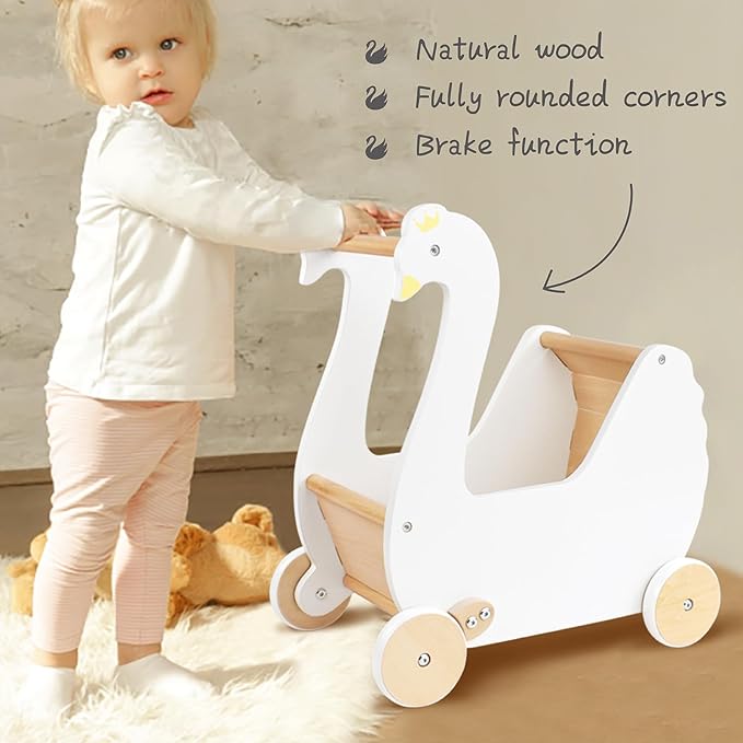 Wooden Doll Stroller, Baby Pram Toy, Wooden Swan Baby Walker for Toddler Boys & Girls 18 Months and Up