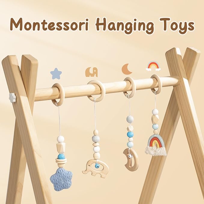 Wooden Baby Play Gym with Activity Mat, Foldable Baby Gym Frame with Hanging Sensory Toys for Newborn Baby