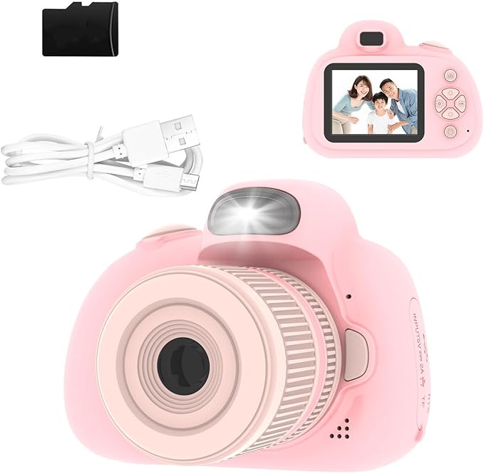 Kids Camera,32.0 Mega Pixels Kids Digital Camera with Rotating Zoom Lens,2.4" IPS Screen, Video Camcorder with Flash, 32GB SD,Digital Camera for Kids 3-8 Year Old (Pink, D6S)