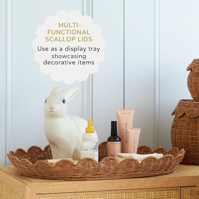 BEBE BASK The Original Scalloped Basket Set Of 2 - Small Scallop Basket - 15 x 10 x 6 In - Hand-Woven & Award-Winning - Elegant Wicker With Scalloped Edge Lid - Nursery Storage - (Mocca)