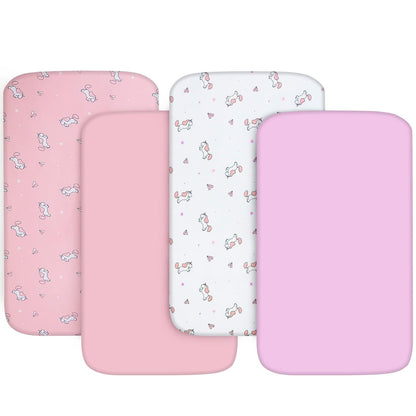 Mini Crib Sheets Set for Girls, 4 Pack, Mini Portable Crib Sheets for Girs (38" X 24") | Multiuse for Pack n Play, Playard, Playpen, Mini Crib, Pink Print