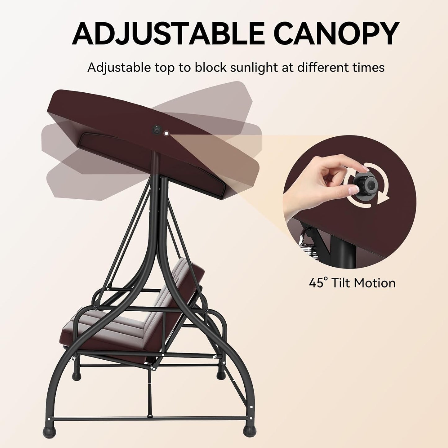 3-Seat Outdoor Patio Swing Glider - Heavy Duty Steel Frame with Adjustable Canopy & Removable Cushions - All Weather Porch Swings Chair for Backyard, Garden, Poolside - Brown