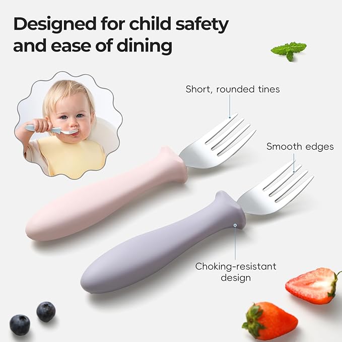 6 PCS Toddler Forks Set - Baby Forks with Silicone Handle Children Food Grade 18/8 Stainless Steel Toddler Utensils Set for Self Feeding Kids Silverware Set Safe Anti-Choke Design Dishwasher Safe