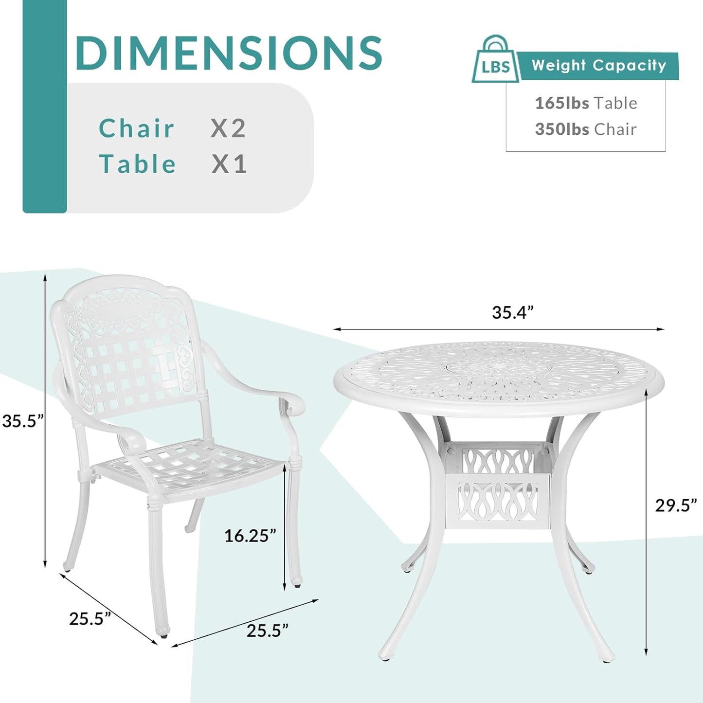MEETWARM 3 Piece Patio Bistro Set, Outdoor All-Weather Cast Aluminum Dining Furniture Set Includes 2 Chairs and a 35.4” Round Table with Umbrella Hole for Garden Deck, White