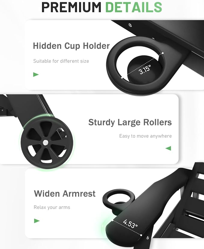 Lounge Chair Outdoor, Chaise Lounge Outdoor, HDPE 6-Position Lounge Chair for Outside, Patio Lounge Chair with Wheels & Cup Holder for Pool Poolside Deck Backyard, Black