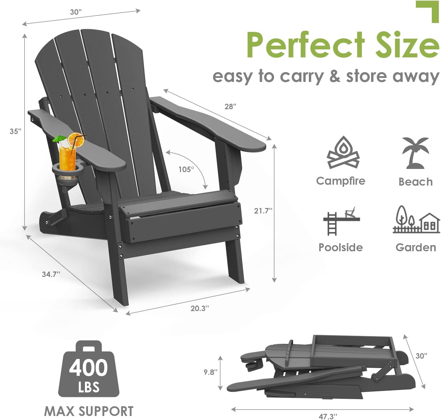 GREENVINES Folding-Adirondack-Chairs-Set-of-2 | HDPE Plastic | Fire Pit Chair | All Weather | Cup Holder | Grey | for Deck Backyard Patio Outdoor Garden