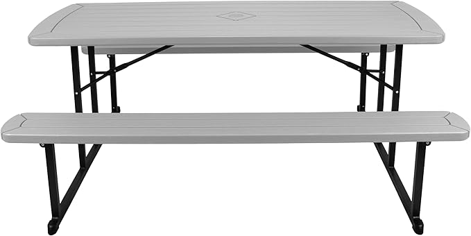 OEF Furnishings Heavy Duty Blow Molded Folding Picnic Table- Light Speckled Grey, Black Frame