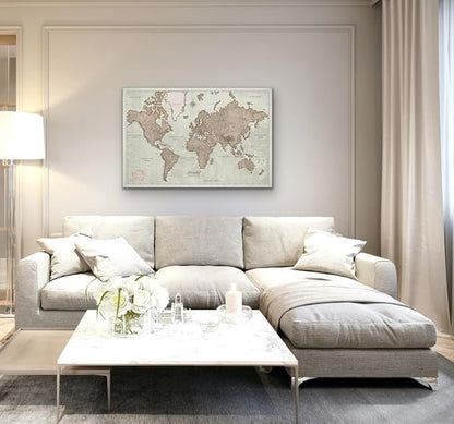 Canvas World Map with Cork Pin Board - English Lettering - Decorative Wall Decoration for All Rooms - Canvas Pictures with World Map Motif (70x50 cm, Pattern 19)