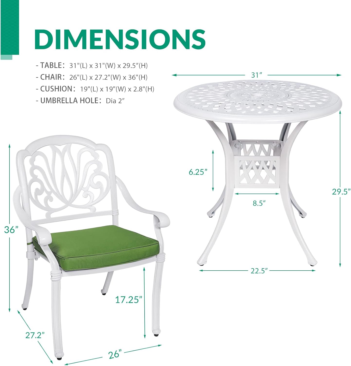 VIVIJASON 3-Piece Patio Bistro Sets, All-Weather Cast Aluminum Bistro Table Set Outdoor Patio Furniture, Include 2 Cushioned Chairs and 31" Round Table, 2" Umbrella Hole, White
