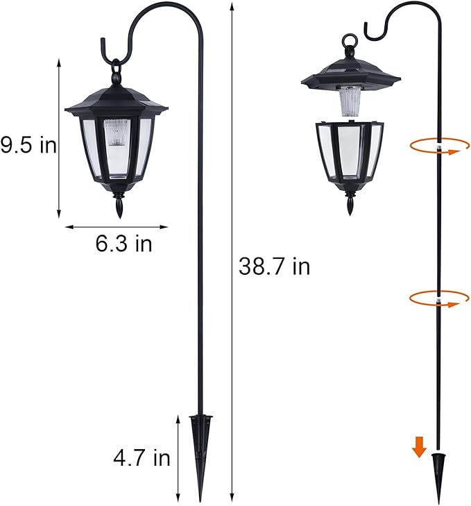 Dynaming 2 Pack Solar Hanging Lights Outdoor, Solar Powered Garden Decorative Lanterns with 2 x 38 Inch Shepherd Hooks, Waterproof Landscape Lighting for Lawn Patio Yard Pathway Driveway, Warm White
