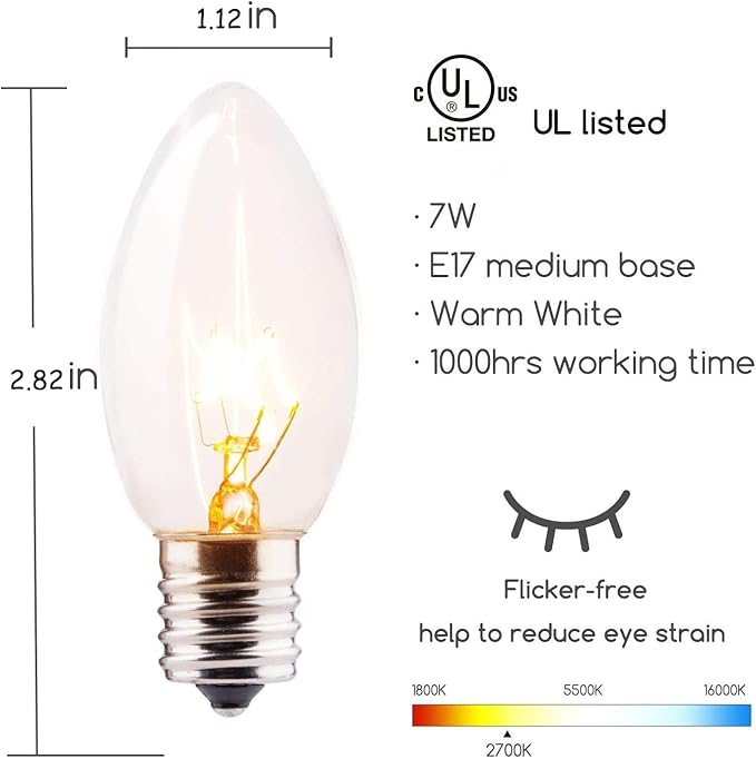 Vintage C9 Christmas Lights Outdoor, 50 FT C9 String Lights for Christmas Decorations Holiday Party Indoor Room Outdoor Roofline Backyard Garden Patio Cafe Home Decoration, E17 Base, 50 +2 Bulbs