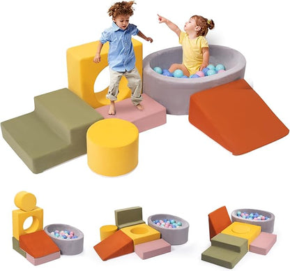 6-Piece Foam Climbing Blocks for Toddlers, Climb and Crawl Soft Play Set, Machine Washable Cover, Indoor Activity Play Structure, Climbing Toys for Toddlers 1-3 (Multi-Color, w/Ball Pit)