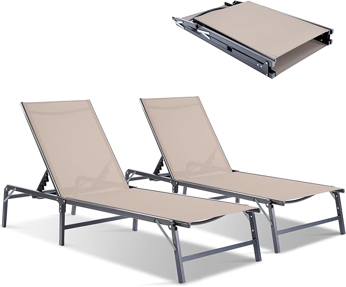 Outdoor Chaise Lounge Chair Set of 2, Foldable & Assemble-Free, 6 Adjustable Positions, Durable Rust-Resistant Frame, Portable Outdoor Pool Lounge Chairs for Pool Patio Beach, Khaki