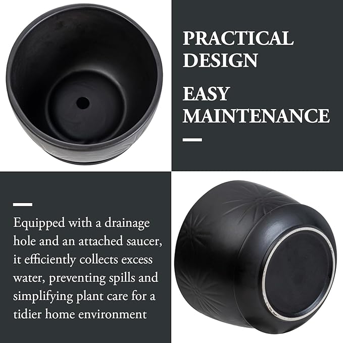 MyGift 7 Inch Round Matte Black Ceramic Plant Pot with Drainage Hole and Attached Saucer, Modern Decorative Embossed Sunburst Planter Container for Indoor Home Garden