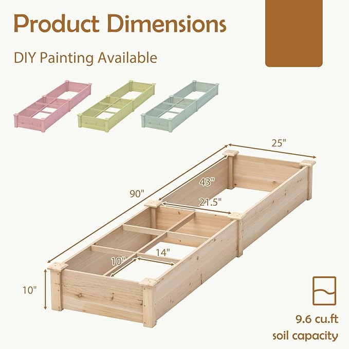 HAPPYGRILL Raised Garden Bed, Wooden Planter Raised Bed w/2 Garden Boxes, 7 Compartments, DIY Painting Available, Elevated Planter Box for Patio Garden Backyard Lawn Gardening, 90” x 25” x 10”