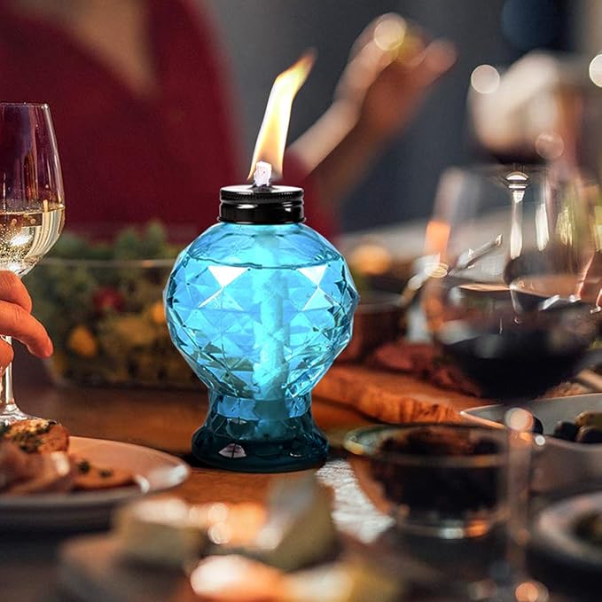 Tewei 4 Pack Blue Table Top Light Torches Outdoor, Mini Glass Torches Lanterns for Outside, Easy to Refill Citronella Torches for Garden Patio Yard Party