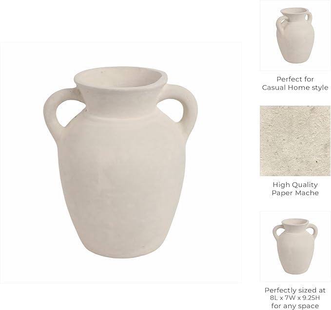 Sagebrook Home Vintage Ceramic Vase - Handmade Pottery Paper Mache Jug - Decorative Home Accent for Living Room, Bedroom, Office - 9" White