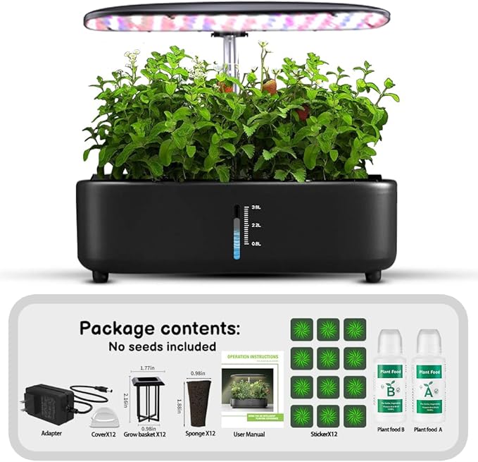 Hydroponics Growing System Kit 12Pods, Birthday Gifts for Mom Women, Herb Garden Indoor with LED Grow Light for Home, Adjustable Height Up to 17", 12Pods,Auto-Timer (Black)