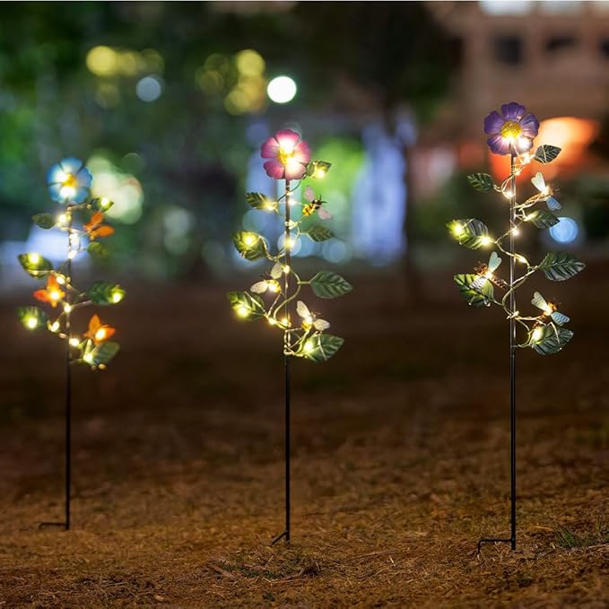 Set of 3 Solar Garden Lights,23'' H Flowers＆Insect Decorative Garden Stakes,Waterproof Metal Spring Yard Art Decor,Solar Stake Lights for Outside,Lawn,Yard,Patio