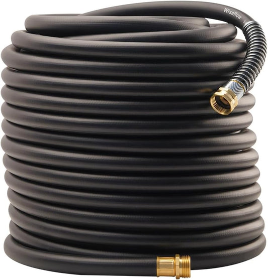WiseFlow Garden Hose 150FT x 5/8", Heavy Duty Rubber Hose, 1000PSI Burst, 300PSI Working, Water Hose with Five Layered Braiding, Male Female Fittings (Black)
