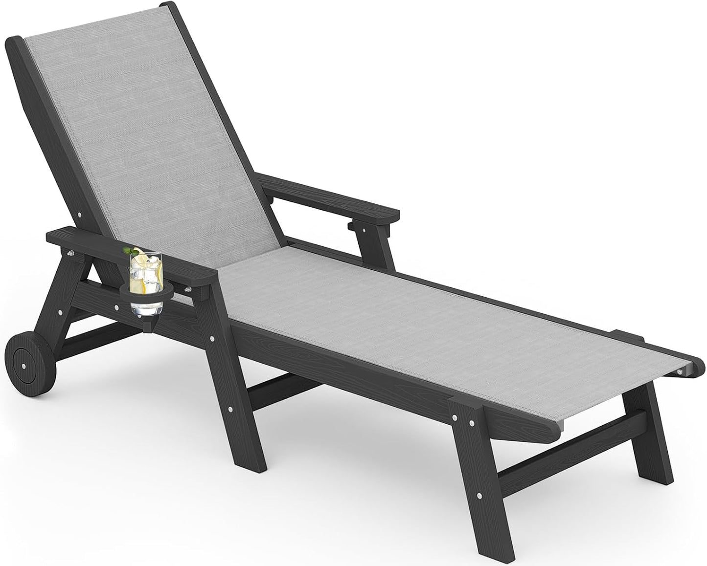 SERWALL Patio Chaise - 5 Position Outdoor Textilene Lounge Chair with Rolling Wheels for Poolside, Deck, Black