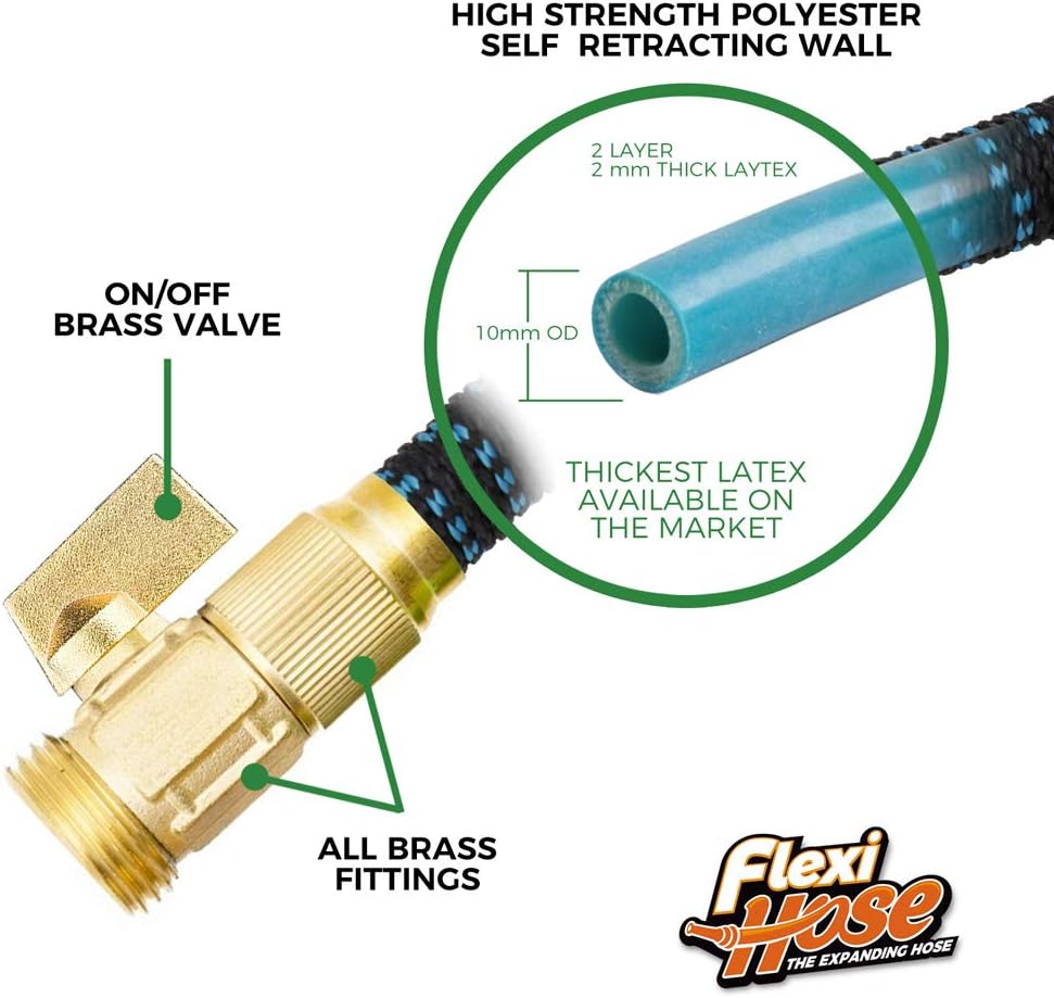 Flexi Hose with 8 Function Nozzle, 25FT - Lightweight Expandable Garden Hose, No-Kink Flexibility, 3/4 Inch Solid Brass Fittings and Double Latex Core