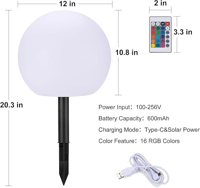 shumi Solar Ball Light-12inch LED Outdoor Table Lamp,16 RGB Colors and Dimmable Globe Light with Remote,Decor for Patio,Garden,Yard,Beach,Pathway,Nursery