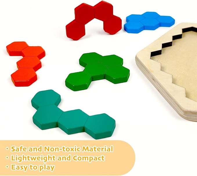 6 PCS Wooden Tangrams Puzzles for Kids, Wooden Hexagon Toddlers Puzzles Block Geometric Brain Teaser Wood Puzzle Tangram Logic IQ Toy Gifts for All Ages Boys Girls Adults Intelligence