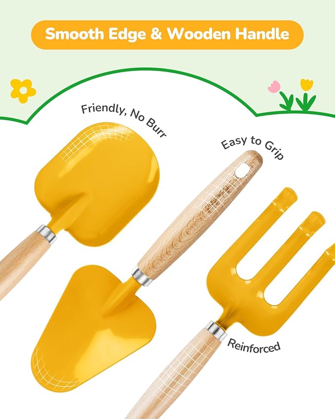Kids Gardening Set Toys,Includes Metal Trowel,Transplanting Shovel,Garden hat,Rake,Apron,Gloves,Watering Can,and Tool Organizer Bag (Yellow)