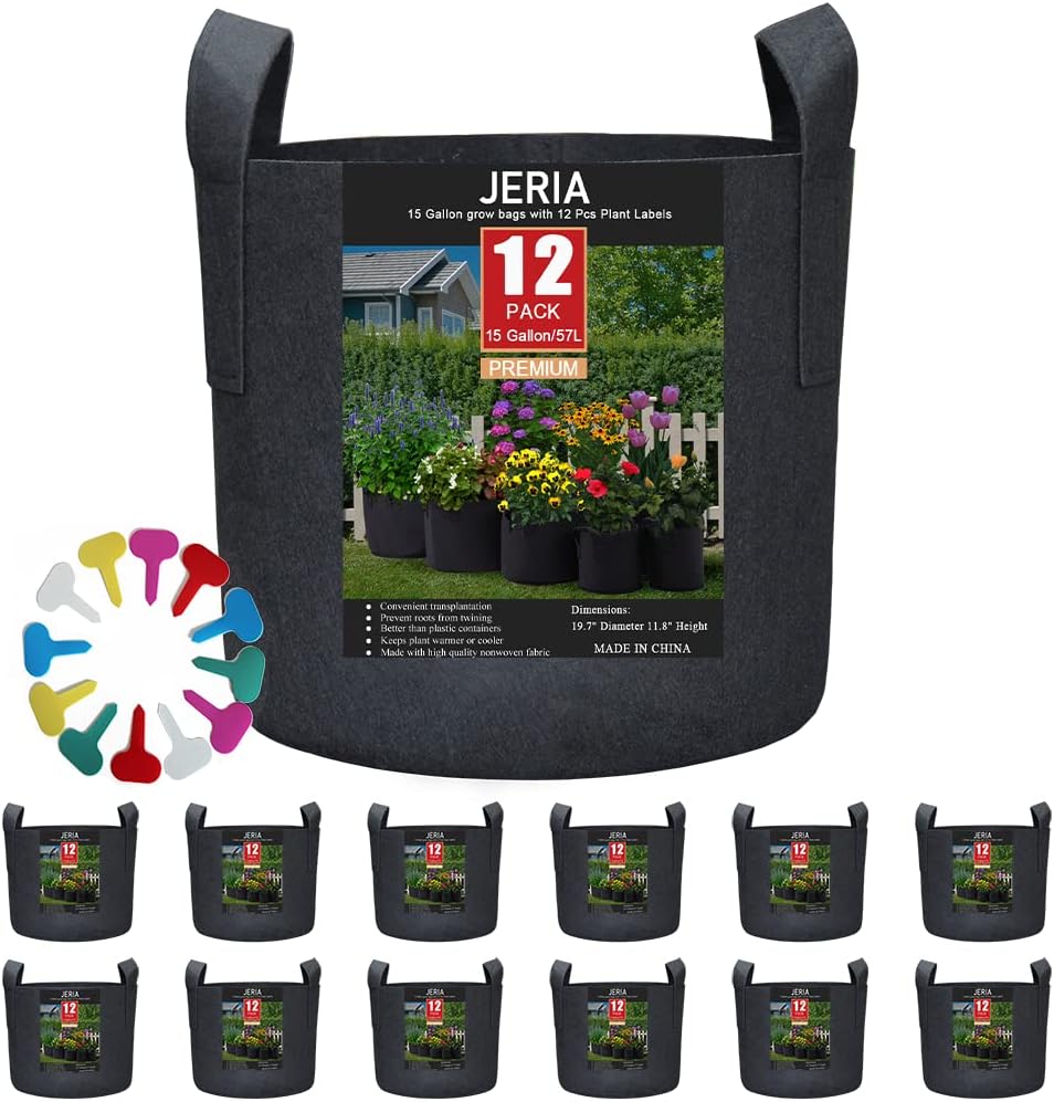 JERIA 12-Pack 15 Gallon, Vegetable/Flower/Plant Grow Bags, Aeration Fabric Pots with Handles (Black), Come with 12 Pcs Plant Labels