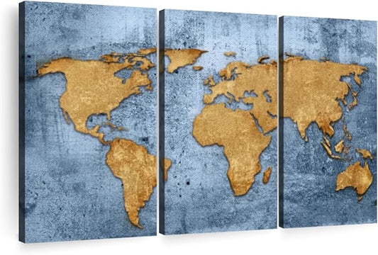 ElephantStock Azure World Map Wall Art Multi Piece Canvas - 3 Panel Wall Decor - Map of the World Art - Canvas for the Office and Home - 65" X 42"
