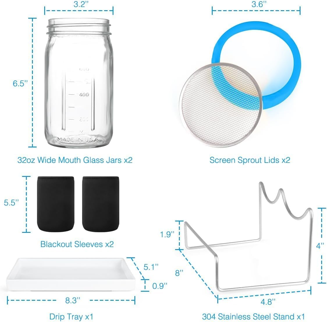 Organic Seed Sprouting Jar Kit – 2 × 32 oz Wide-Mouth Mason Jars with Stainless-Steel Sprouter Lids & Stand, Blackout Sleeves, Drain Tray – Grow Broccoli, Alfalfa & Bean Microgreens