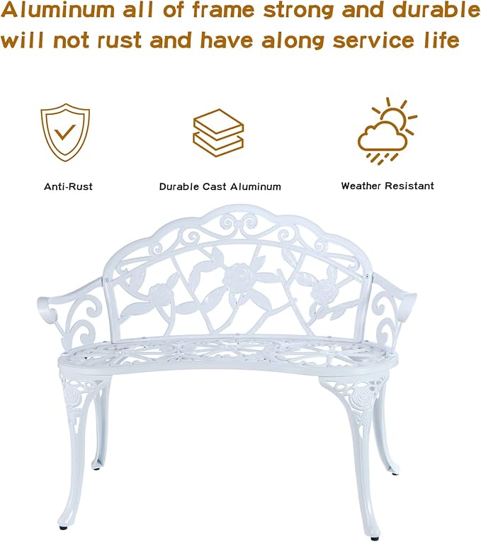 JARDIN DE CENTENNIAL Patio Garden Bench Metal Park Bench Cast Aluminum Outdoor Furniture with Floral Rose for Patio,Park,Lawn,Yard (White)