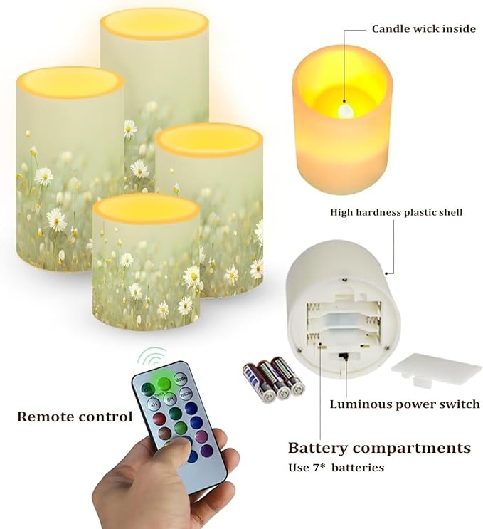 Flameless Candles Battery Powered LED Pillar Candles Tealights with Remote Timer Color Changing Control for Indoor Outdoor Home Tabletop Decoration Set of 4, Daisy Floral Green