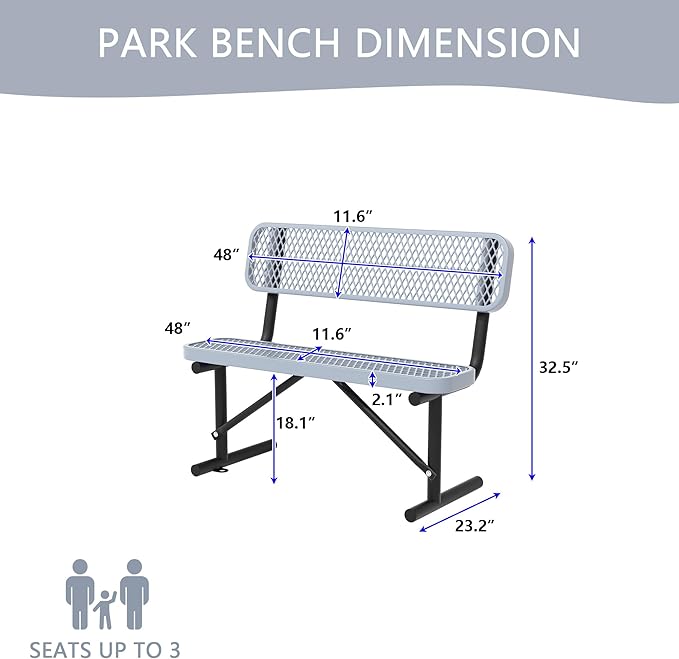 4/6/8 Feet Park Bench for Outside Heavy Duty Metal, Garden Benches Outdoor Bench with Backrest & Portable Frame, for Shopping Malls Stores Parks Patios Decks, Grey
