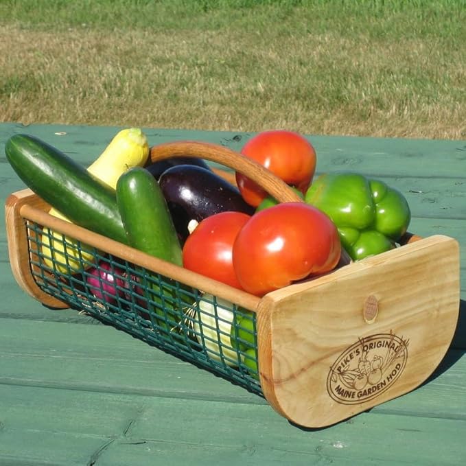 Maine Garden Hod Basket for Vegetable Gardening and Harvest Gathering or Farmhouse Decor, Pine and Oak with PVC Wire Mesh, USA Made, 16 x 9 in, 8 quart