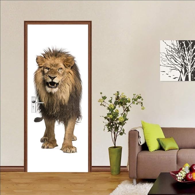 3D Lion Door Stickers - Peel & Stick - Waterproof & Washable - Matt Finish - Realistic Animal Print - Red, Brown, Beige - 37.4 x 82.7 inch - 2 Pieces