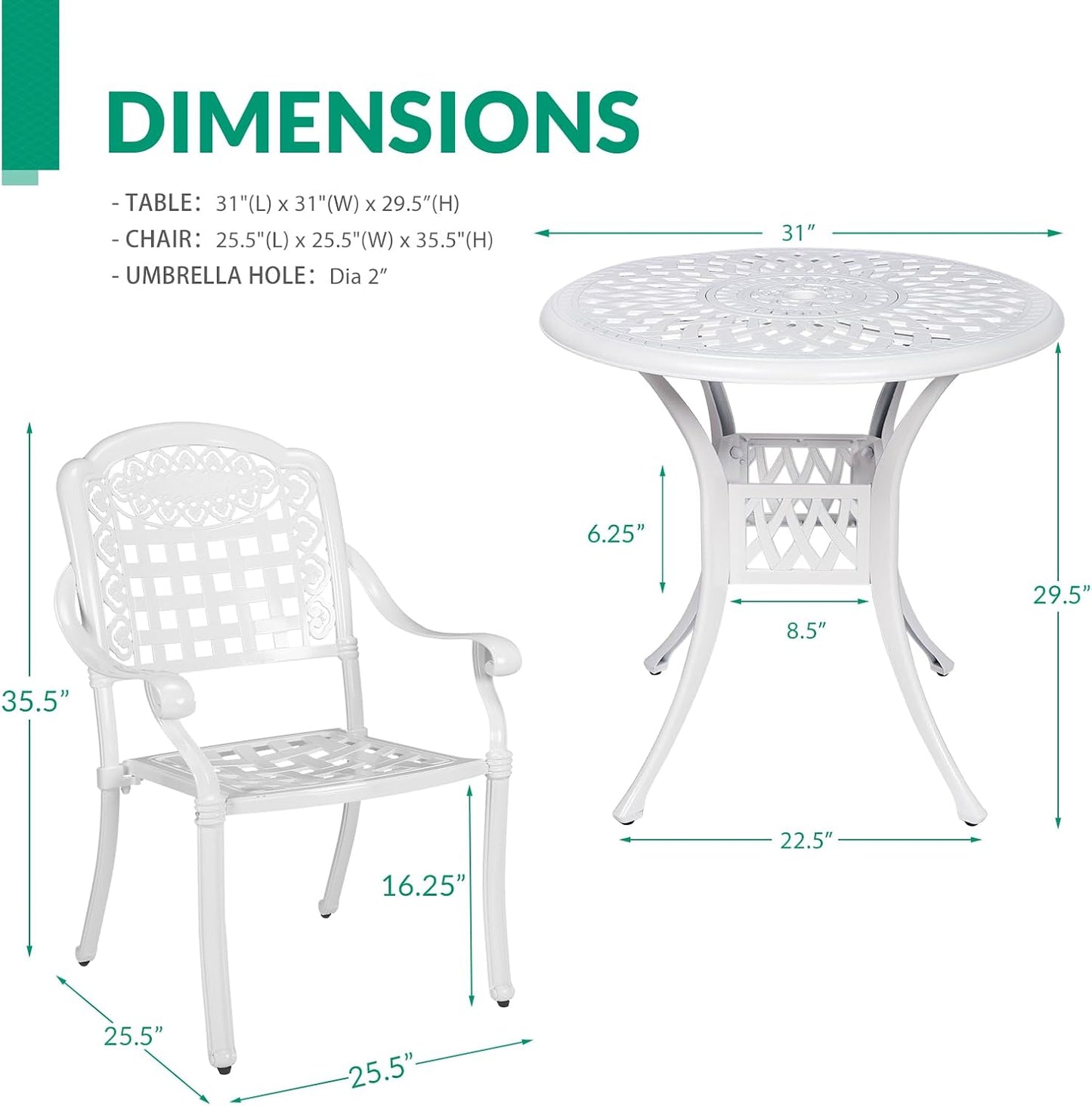 VIVIJASON 3-Piece Outdoor Patio Bistro Set, All-Weather Cast Aluminum Furniture Dining Sets Include 2 Chairs and 31" Round Table w/Umbrella Hole for Balcony, Lawn, Garden, Backyard, White