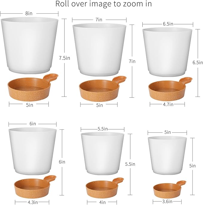 GARDIFE Plant Pots 8/7/6.5/6/5.5/5 Inch Self Watering Planters with Drainage Hole, Plastic Flower Pots, Nursery Planting Pot for All House Plants, African Violet, Flowers, and Cactus,White