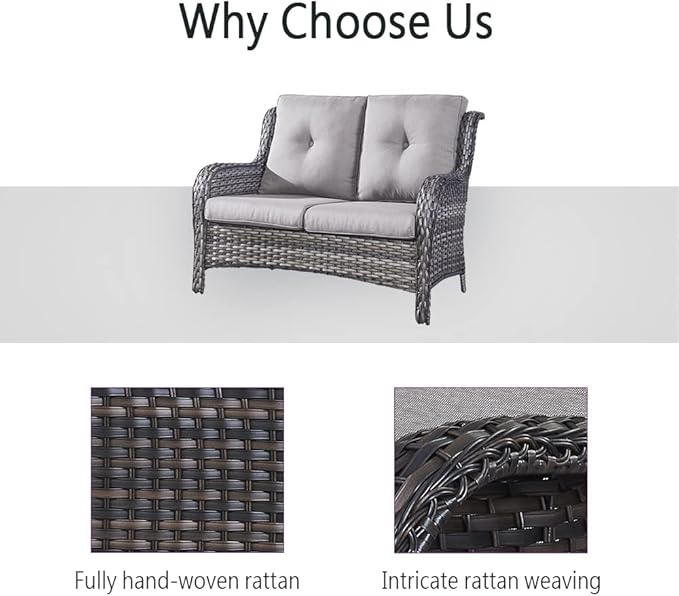 Wicker Outdoor Furniture Patio Furniture Set - 6 Piece Patio Conversation Set with Swivel Rocker Chairs, Loveseat Sofa, Ottomans and Coffee Table, Gray Cushion