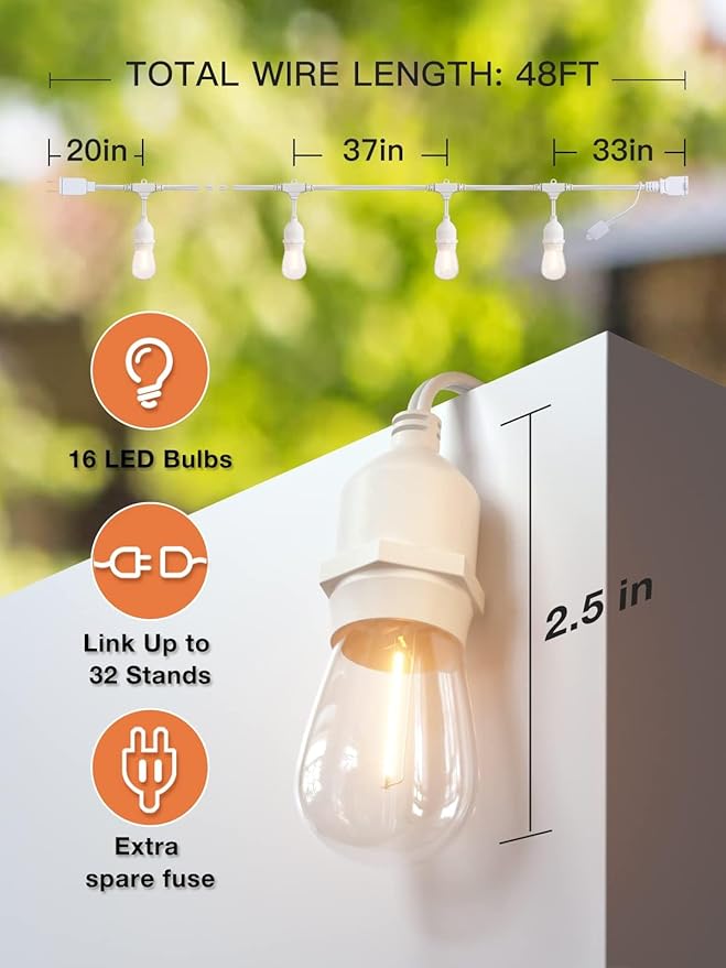 addlon 96FT(48FT*2) LED Outdoor String Lights, Dimmable Edison Vintage Shatterproof Bulbs and Commercial Grade Weatherproof Strand - ETL Listed Heavy-Duty Decorative Cafe, Patio, Market Light White