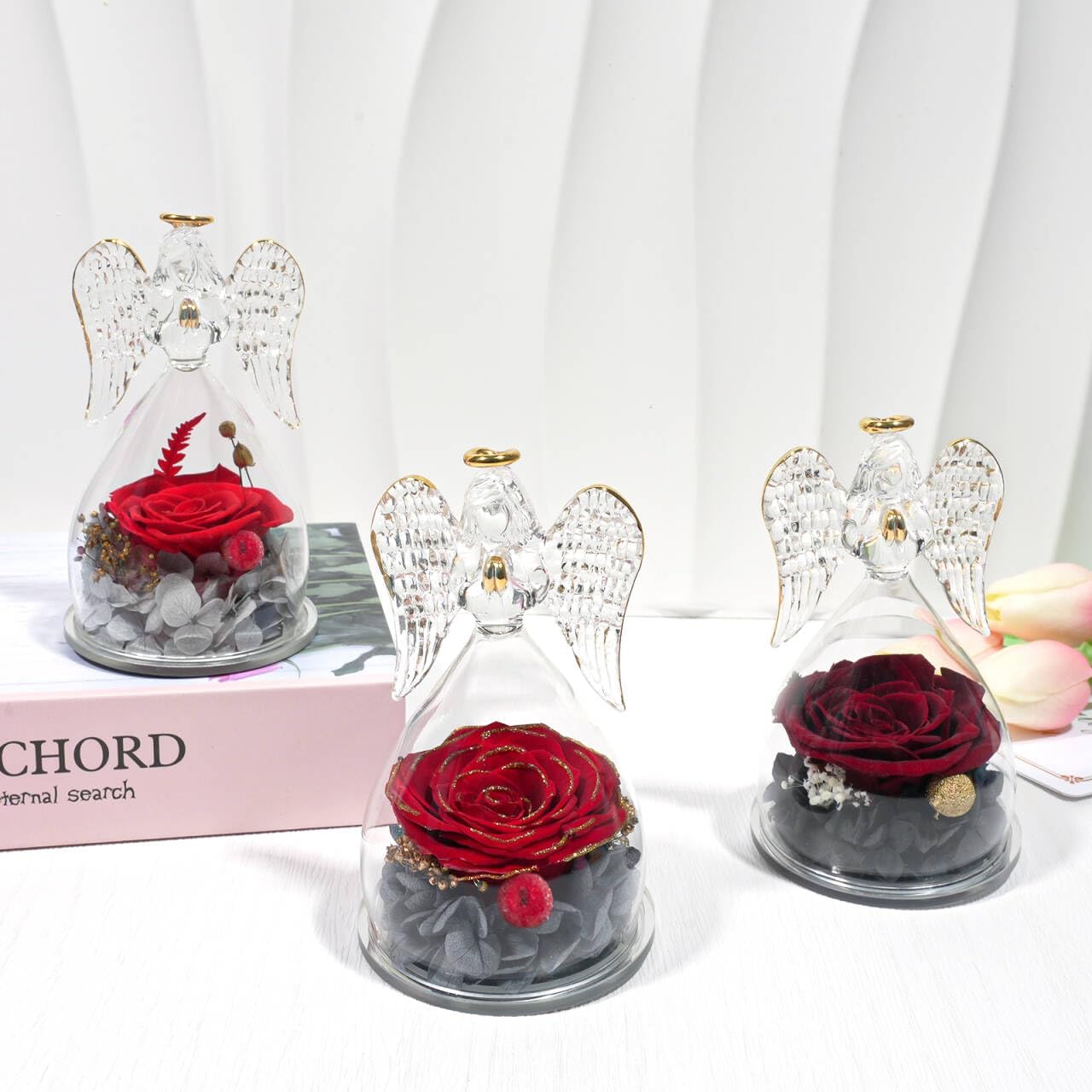 Yamonic Mom Birthday Gifts for Mom, Angel Figurines with Real Rose Gifts for Her Mom Grandma, Angel Preserved Flowers Rose for Mothers Day Christmas Anniversary Birthday Gifts for Women(WineRed)
