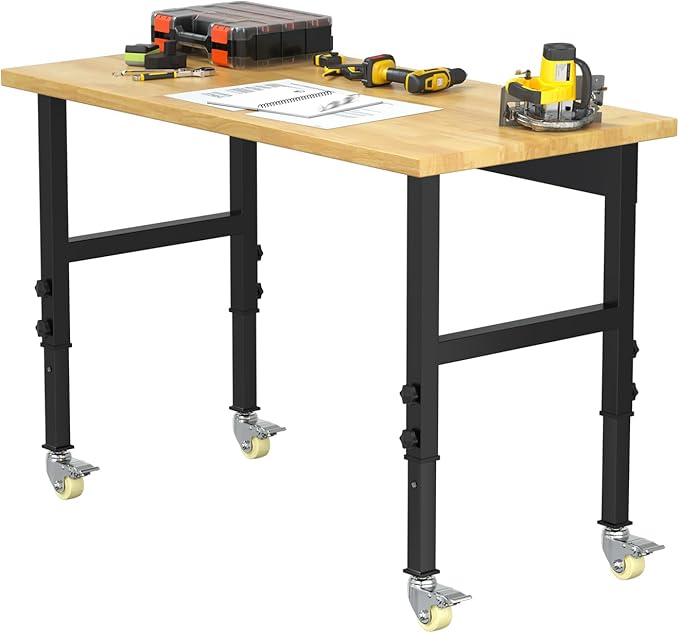 48''x24 Solid Wood & Heavy-Duty Work Bench Workbench, Adjustable Height Work Table, 2000 LBS Capacity Workstation Work Benches for Garage, Workshop, Repair Shop