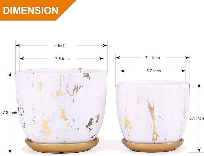 8 Inch Ceramic Plant pots (Set of 2), 8 Inch 7 Inch Modern Flower Planter, Gold Marble Gardening Pots with Drainage Hole and Saucer for Outdoor Indoor Yard Garden Home Office Decoration.