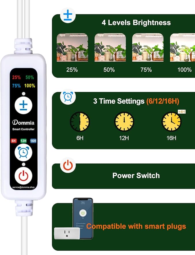 DOMMIA Grow Lamp, 4-Pack LED Plant Grow Light, 6/12/16H Timer Auto On Off, 4-Level Dimmable, Sunlike Full Spectrum with Optical Lens, Under Cabinet, Idea Garden Gift, 3300K Warm White