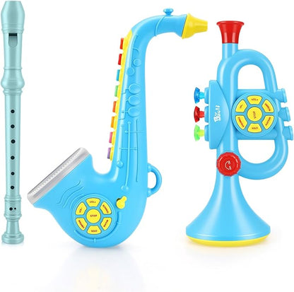 Set of 3 Toy Saxophone Kids Trumpet and Recorder Flute,Musical Instruments Set for Children,Teaching Songs Gifts with Light & Sound for Kids Ages 3-5 5-9, for Kid
