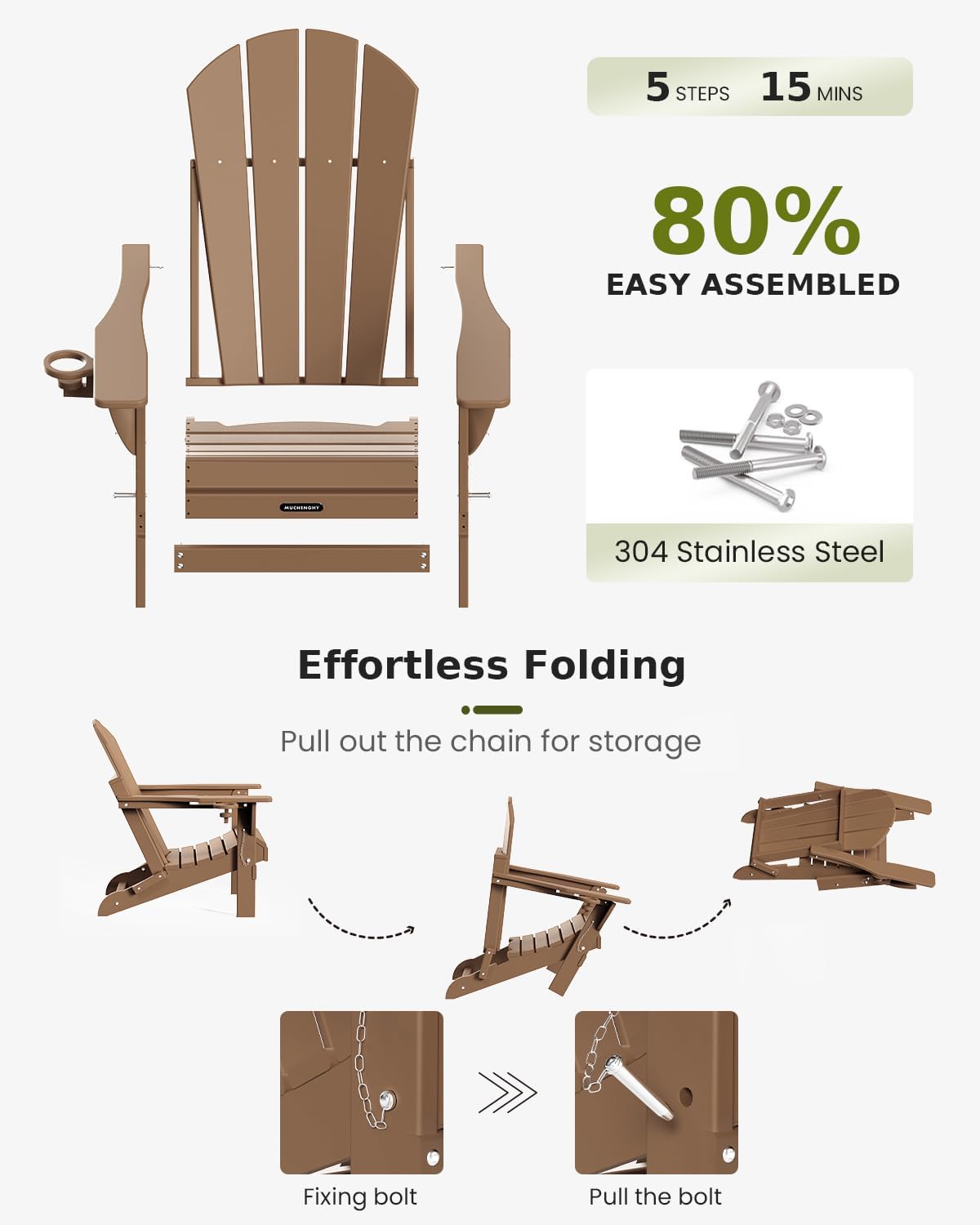 MUCHENGHY Folding Adirondack Chairs, Patio Chairs, Lawn Chairs, Outdoor Chair, Adirondack Chair Plastic, Fire Pit Chairs, Weather Resistant with Cup Holder for Deck, Backyard, Garden(Teak)