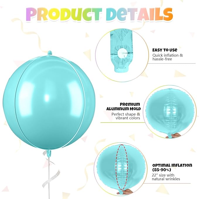 Giant 4D Foil Balloons, 6Pcs Pink Yellow Purple Blue Green Orange Round Balloons, 22 Inch Big Round Foil Balloon for Rainbow Balloon Birthday Party Baby Shower Wedding Decorations